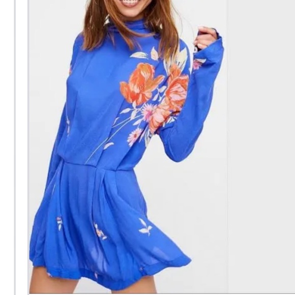 FREE PEOPLE GEMMA  OPEN BACK LONG SLEEVE TROPICAL FLORAL MINI DRESS BLUE MEDIUM - Picture 4 of 8